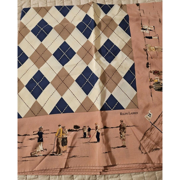 Vintage Polo Ralph Lauren silk scarf with Golf motif Argyle Pattern 36 square - Picture 2 of 5